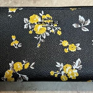 Coach Black Floral Zip Wallet with Yellow Blossoms